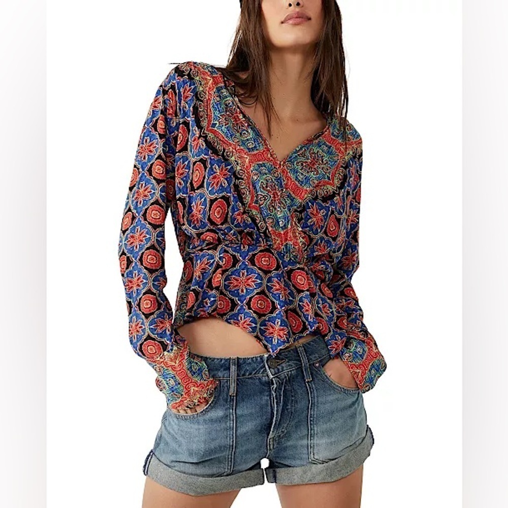 Free People Falling For You Flowy Printed Boho Wrap Blouse Blue/Orange Size S